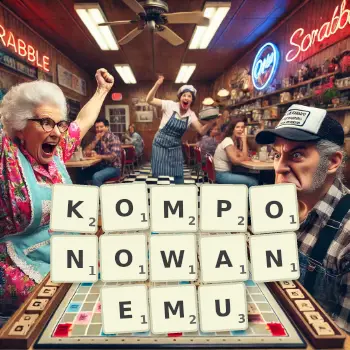 Kreatywna ilustracja do gry w Scrabble ze słowem KOMPONOWANEMU ułożonym z płytek na planszy.