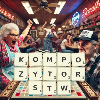 Kreatywna ilustracja do gry w Scrabble ze słowem KOMPOZYTORSTW ułożonym z płytek na planszy.
