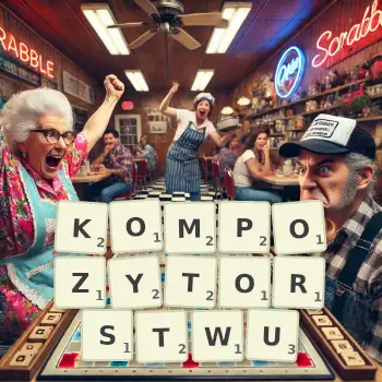 Kreatywna ilustracja do gry w Scrabble ze słowem KOMPOZYTORSTWU ułożonym z płytek na planszy.