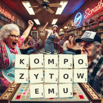 Kreatywna ilustracja do gry w Scrabble ze słowem KOMPOZYTOWEMU ułożonym z płytek na planszy.