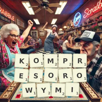 Kreatywna ilustracja do gry w Scrabble ze słowem KOMPRESOROWYMI ułożonym z płytek na planszy.
