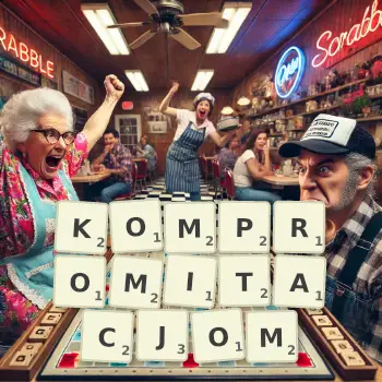 Kreatywna ilustracja do gry w Scrabble ze słowem KOMPROMITACJOM ułożonym z płytek na planszy.
