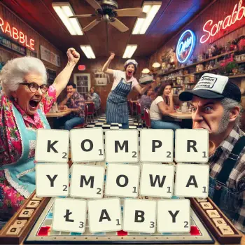 Kreatywna ilustracja do gry w Scrabble ze słowem KOMPRYMOWAŁABY ułożonym z płytek na planszy.