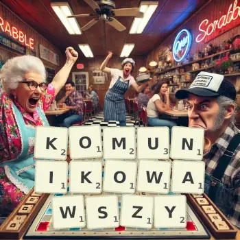 Kreatywna ilustracja do gry w Scrabble ze słowem KOMUNIKOWAWSZY ułożonym z płytek na planszy.