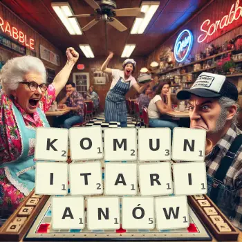 Kreatywna ilustracja do gry w Scrabble ze słowem KOMUNITARIANÓW ułożonym z płytek na planszy.