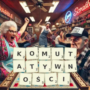 Kreatywna ilustracja do gry w Scrabble ze słowem KOMUTATYWNOŚCI ułożonym z płytek na planszy.