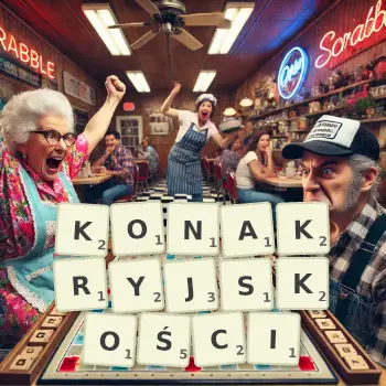 Kreatywna ilustracja do gry w Scrabble ze słowem KONAKRYJSKOŚCI ułożonym z płytek na planszy.