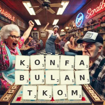 Kreatywna ilustracja do gry w Scrabble ze słowem KONFABULANTKOM ułożonym z płytek na planszy.
