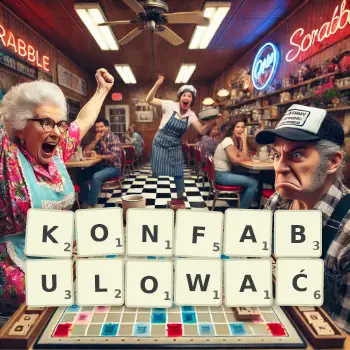 Kreatywna ilustracja do gry w Scrabble ze słowem KONFABULOWAĆ ułożonym z płytek na planszy.