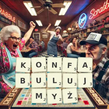 Kreatywna ilustracja do gry w Scrabble ze słowem KONFABULUJMYŻ ułożonym z płytek na planszy.