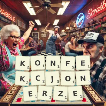 Kreatywna ilustracja do gry w Scrabble ze słowem KONFEKCJONERZE ułożonym z płytek na planszy.