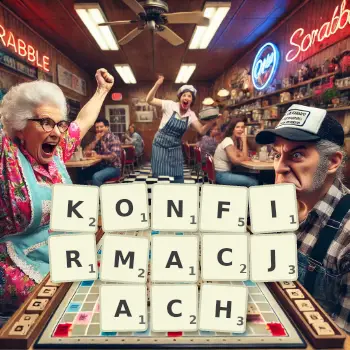 Kreatywna ilustracja do gry w Scrabble ze słowem KONFIRMACJACH ułożonym z płytek na planszy.