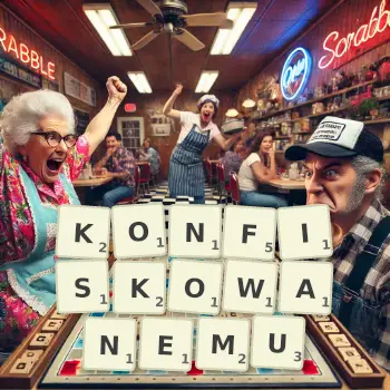 Kreatywna ilustracja do gry w Scrabble ze słowem KONFISKOWANEMU ułożonym z płytek na planszy.