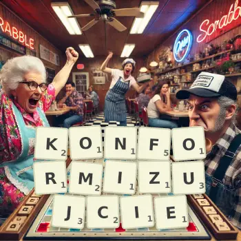 Kreatywna ilustracja do gry w Scrabble ze słowem KONFORMIZUJCIE ułożonym z płytek na planszy.