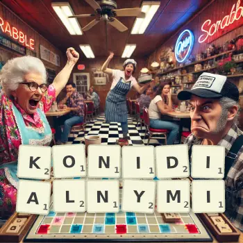 Kreatywna ilustracja do gry w Scrabble ze słowem KONIDIALNYMI ułożonym z płytek na planszy.