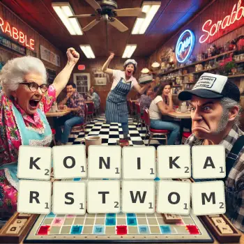 Kreatywna ilustracja do gry w Scrabble ze słowem KONIKARSTWOM ułożonym z płytek na planszy.