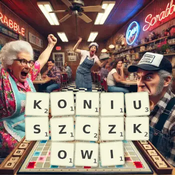 Kreatywna ilustracja do gry w Scrabble ze słowem KONIUSZCZKOWI ułożonym z płytek na planszy.
