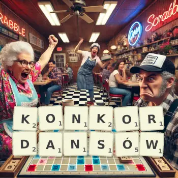 Kreatywna ilustracja do gry w Scrabble ze słowem KONKORDANSÓW ułożonym z płytek na planszy.