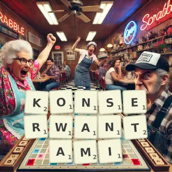 Kreatywna ilustracja do gry w Scrabble ze słowem KONSERWANTAMI ułożonym z płytek na planszy.