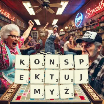 Kreatywna ilustracja do gry w Scrabble ze słowem KONSPEKTUJMYŻ ułożonym z płytek na planszy.