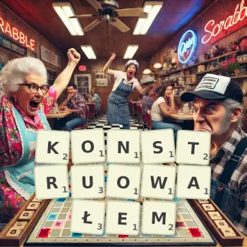 Kreatywna ilustracja do gry w Scrabble ze słowem KONSTRUOWAŁEM ułożonym z płytek na planszy.