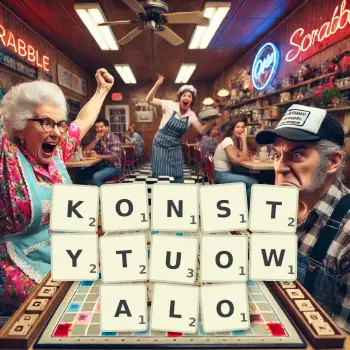 Kreatywna ilustracja do gry w Scrabble ze słowem KONSTYTUOWALO ułożonym z płytek na planszy.