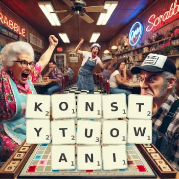 Kreatywna ilustracja do gry w Scrabble ze słowem KONSTYTUOWANI ułożonym z płytek na planszy.
