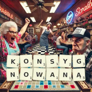 Kreatywna ilustracja do gry w Scrabble ze słowem KONSYGNOWANĄ ułożonym z płytek na planszy.