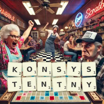 Kreatywna ilustracja do gry w Scrabble ze słowem KONSYSTENTNY ułożonym z płytek na planszy.