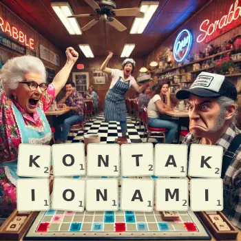 Kreatywna ilustracja do gry w Scrabble ze słowem KONTAKIONAMI ułożonym z płytek na planszy.