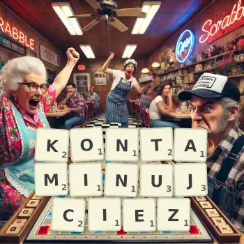 Kreatywna ilustracja do gry w Scrabble ze słowem KONTAMINUJCIEZ ułożonym z płytek na planszy.