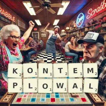 Kreatywna ilustracja do gry w Scrabble ze słowem KONTEMPLOWAL ułożonym z płytek na planszy.