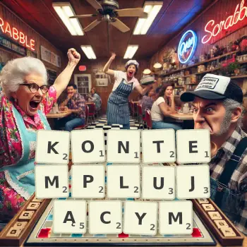 Kreatywna ilustracja do gry w Scrabble ze słowem KONTEMPLUJĄCYM ułożonym z płytek na planszy.