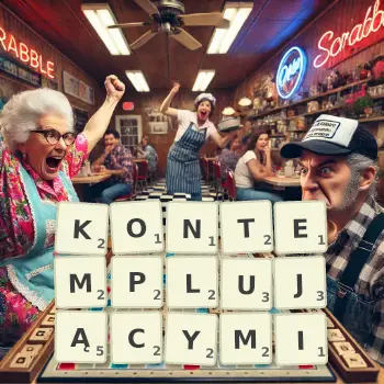 Kreatywna ilustracja do gry w Scrabble ze słowem KONTEMPLUJĄCYMI ułożonym z płytek na planszy.