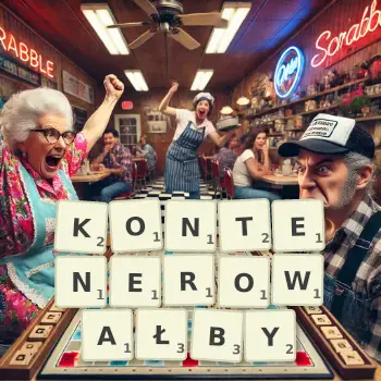 Kreatywna ilustracja do gry w Scrabble ze słowem KONTENEROWAŁBY ułożonym z płytek na planszy.