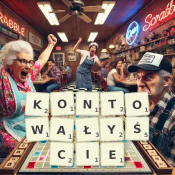 Kreatywna ilustracja do gry w Scrabble ze słowem KONTOWAŁYŚCIE ułożonym z płytek na planszy.