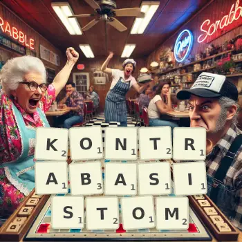 Kreatywna ilustracja do gry w Scrabble ze słowem KONTRABASISTOM ułożonym z płytek na planszy.