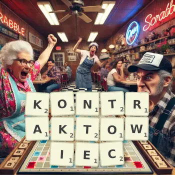 Kreatywna ilustracja do gry w Scrabble ze słowem KONTRAKTOWIEC ułożonym z płytek na planszy.