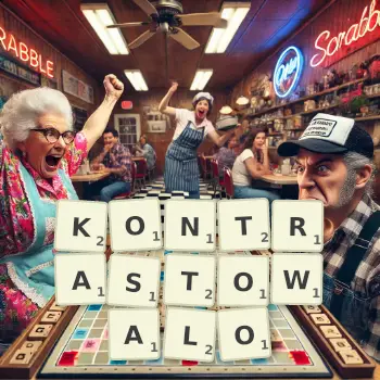 Kreatywna ilustracja do gry w Scrabble ze słowem KONTRASTOWALO ułożonym z płytek na planszy.