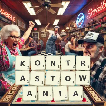 Kreatywna ilustracja do gry w Scrabble ze słowem KONTRASTOWANIA ułożonym z płytek na planszy.