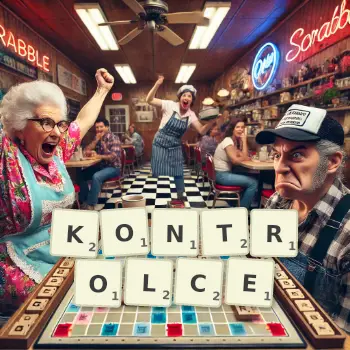 Kreatywna ilustracja do gry w Scrabble ze słowem KONTROLCE ułożonym z płytek na planszy.