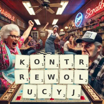 Kreatywna ilustracja do gry w Scrabble ze słowem KONTRREWOLUCYJ ułożonym z płytek na planszy.