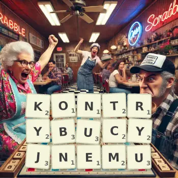 Kreatywna ilustracja do gry w Scrabble ze słowem KONTRYBUCYJNEMU ułożonym z płytek na planszy.
