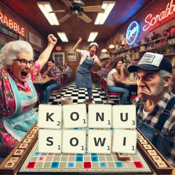 Kreatywna ilustracja do gry w Scrabble ze słowem KONUSOWI ułożonym z płytek na planszy.