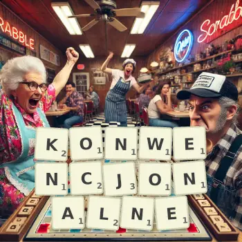 Kreatywna ilustracja do gry w Scrabble ze słowem KONWENCJONALNE ułożonym z płytek na planszy.