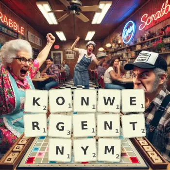 Kreatywna ilustracja do gry w Scrabble ze słowem KONWERGENTNYM ułożonym z płytek na planszy.