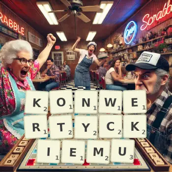 Kreatywna ilustracja do gry w Scrabble ze słowem KONWERTYCKIEMU ułożonym z płytek na planszy.