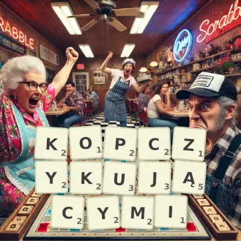Kreatywna ilustracja do gry w Scrabble ze słowem KOPCZYKUJĄCYMI ułożonym z płytek na planszy.