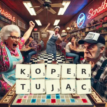 Kreatywna ilustracja do gry w Scrabble ze słowem KOPERTUJĄC ułożonym z płytek na planszy.