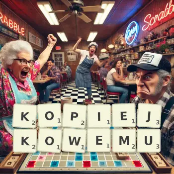 Kreatywna ilustracja do gry w Scrabble ze słowem KOPIEJKOWEMU ułożonym z płytek na planszy.